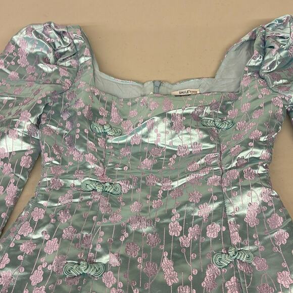 RTR Satin sz 14 xl blue silk Sau lee dress purple flowers long sleeve mini silky - Picture 3 of 7